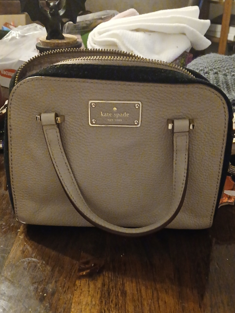 kate spade Pebbled Leather Mini Satchel in Light Taupe & Black